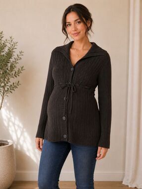 Two Hearts By Destination Maternity Dark Brown Cable Knit Cardigan Tie Belt Med
